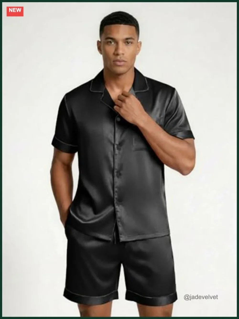 Mens Silk Satin Pajamas Set Short Sleeve Button Up Lounge Pjs with Pockets